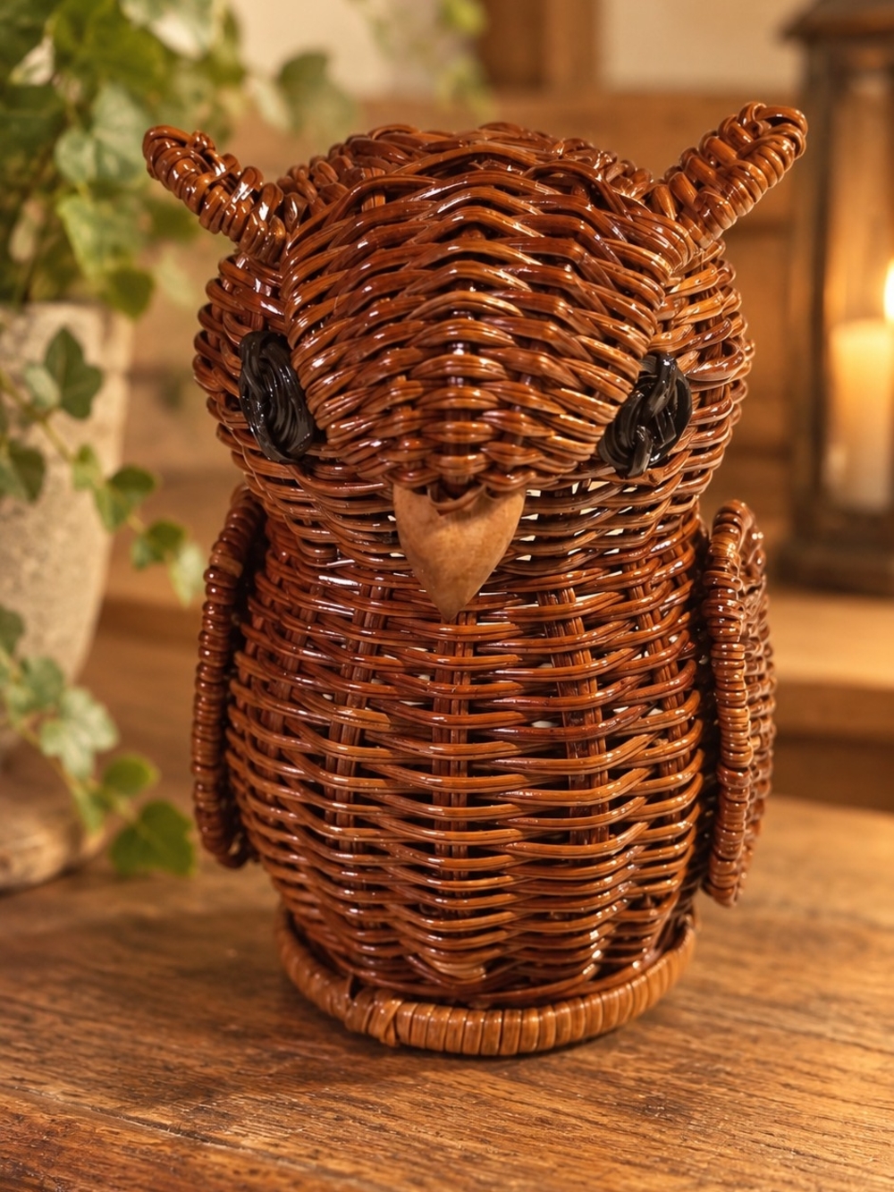 Vintage 1970s Mid-Century Modern Woven Wicker & Rattan Owl Figurine Basket